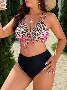 Slaydiva 大码女士两件式泳衣，豹纹和百合花图案，性感泳装，适合海滩、泳池、游艇派对 - 彩色 - 查看 6
