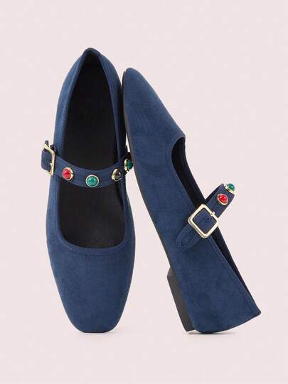 CUCCOO DOLLMOD Women's Navy Blue Velvet Square Toe Bow & Colorful Bead Decor Elegant Mary Jane Shoes, Suitable For Birthday Party And Daily Wear