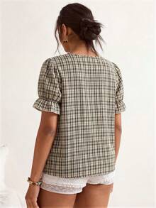 Freevana 大码格子方领短袖衬衫 - 黑色 - 查看 2