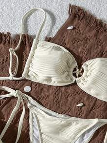 Swim Mod Apricot Plain Textured Bikini Set With Spaghetti Strap Top And Tie Side Bottom Women Swimwear - Apricot - View 6
