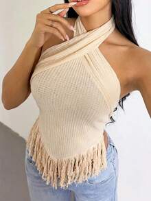 SHEIN SXY 大码女式纯色流苏下摆交叉吊带上衣 - 卡其色 - 查看 3