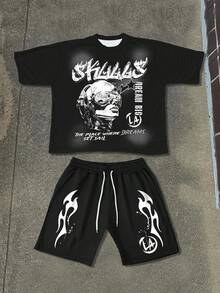 Manfinity EMRG 男士字母印花短袖T恤和抽绳腰短裤休闲套装 - 彩色 - 查看 5