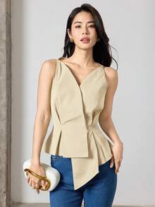 Heiryn Women's Solid Color Pleated Asymmetrical Hem Casual Versatile Daily Wear Shirt,Summer Top - Beige - View 3