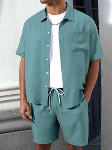 Manfinity Homme 男士夏季休闲纯色短袖衬衫和短裤套装 - 藍色 - 查看 3