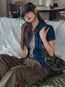 DAZY Áo sơ mi denim ngắn tay có túi dáng ôm dành cho nữ, áo denim lửng mùa hè - Màu xanh lam - Xem 2