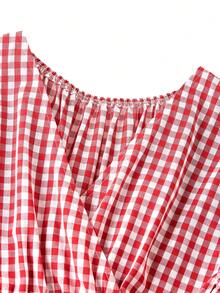 Ellevyn Vestido casual de media longitud con cintura fruncida y lazo a cuadros para mujer - Rojo y blanco - Ver 3