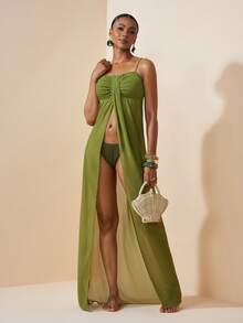 Zivah 2026 休闲海滩度假优雅薄纱雪纺连衣裙，绿色罩衫，前褶设计，高开衩 - 黑色 - 查看 6