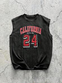 EVRINFINITE 卓天喜 - 男士水洗“篮球风尚 - 篮球传奇24”做旧圆领背心，篮球背心/篮球球衣，街头运动背心 - 黑色 - 查看 3