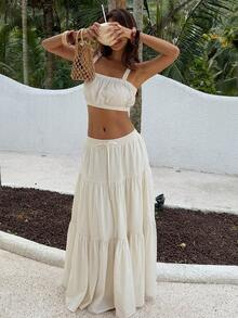 Livesso 春夏白色露脐吊带背心和百褶迷你裙套装，商务休闲、度假、海滩、优雅办公女装 - 米色 - 查看 7