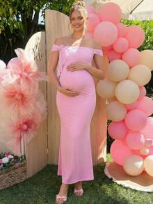 Loomaby Pregnant Women's Floral Contrast Lace Off-Shoulder Fitted Elegant Pink Summer Maternity Dress For Baby Shower Gender Reveal Pregnancy Photoshoot - Pink - View 7