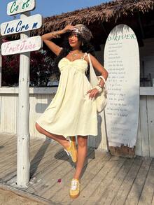 SHEIN EZwear 女士褶皱休闲亚麻吊带连衣裙 - 黃色 - 查看 8