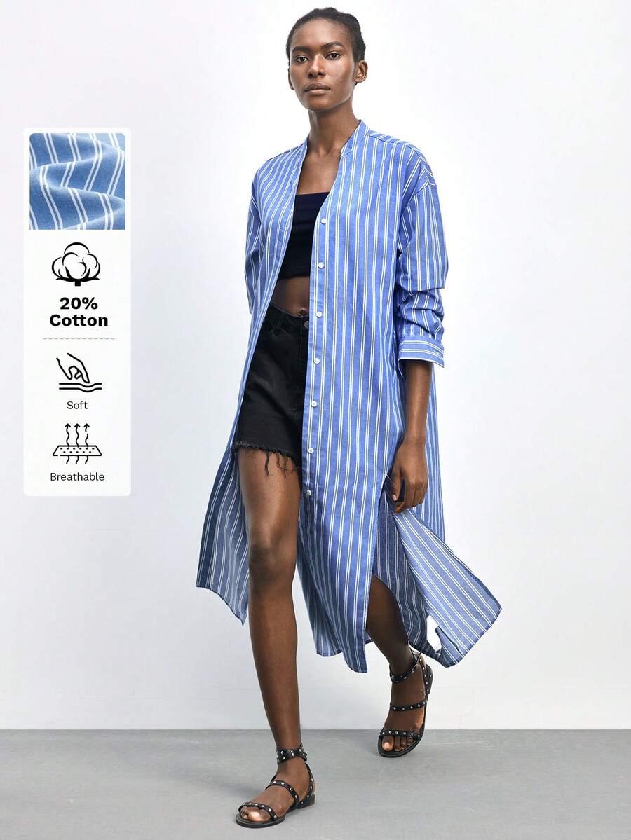 Maija Outfit Deas For Dress,Women's Striped Long Sleeve Single-Breasted Side Slit Hem Casual Mid-Length Dress Blue Vertical Stripe Dress Women Blue Striped Shirt Dress Striped Shirtdress Casual Long Sleeve Midi Dress Long Sleeve Summer Dresses,Vacation Outfits Women,Summer Holiday Outfits ,Beach Vacation Outfits For Women - Blue - View 1
