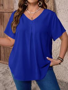 大码V领褶皱夏季短袖休闲纯色上衣，乡村休闲度假风女装，简约时尚日常穿着，夏季女式上衣，夏季女装 - 寶藍色 - 查看 1