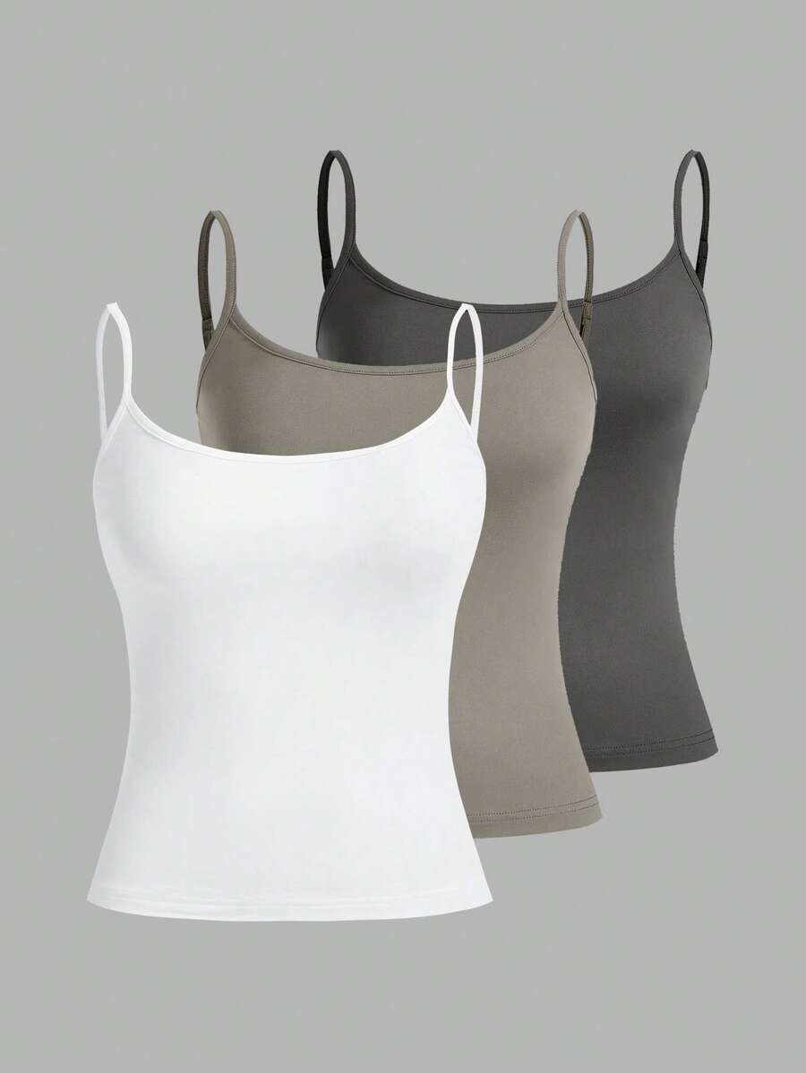 SHEIN EZwear 3件套女士吊带露脐紧身背心，适合夏季穿着，颜色：深灰色、浅灰色、白色 - 彩色 - 查看 1