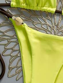 Swim Vcay Bộ bikini 2 mảnh màu be xuyên thấu, dây mảnh, cổ yếm, cạp cao, đính hạt cườm, kiểu dáng xuân/hè 2026 dành cho nữ. - Màu vàng - Xem 3