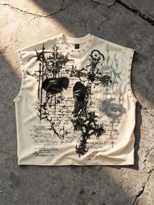 ROMWE MEN Street Life Áo tank top nam in họa tiết, đính đinh tán, dáng rộng - Màu be - Xem 3