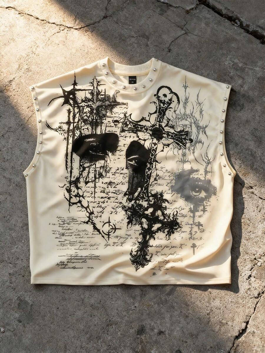 ROMWE MEN Street Life 男士印花铆钉宽松背心 - 杏色 - 查看 1