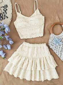 Kids Tween Girls Cream White Summer Holiday Outfits Knit Jacquard Textured Camisole Top,Ruffle Hem A-Line Skirt Shorts 2-Piece Tropical Vacation Set - Apricot - View 3