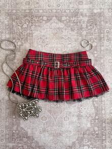 Attitoon 女士休闲复古低腰红色格子迷你裙，适合Y2K风格 - 彩色 - 查看 4