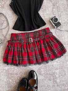 Attitoon 女士休闲复古低腰红色格子迷你裙，适合Y2K风格 - 彩色 - 查看 10