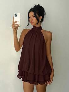 Elegant Women's Mini Dress With Halter Neck And Bow In Light Yellow - Café - View 6