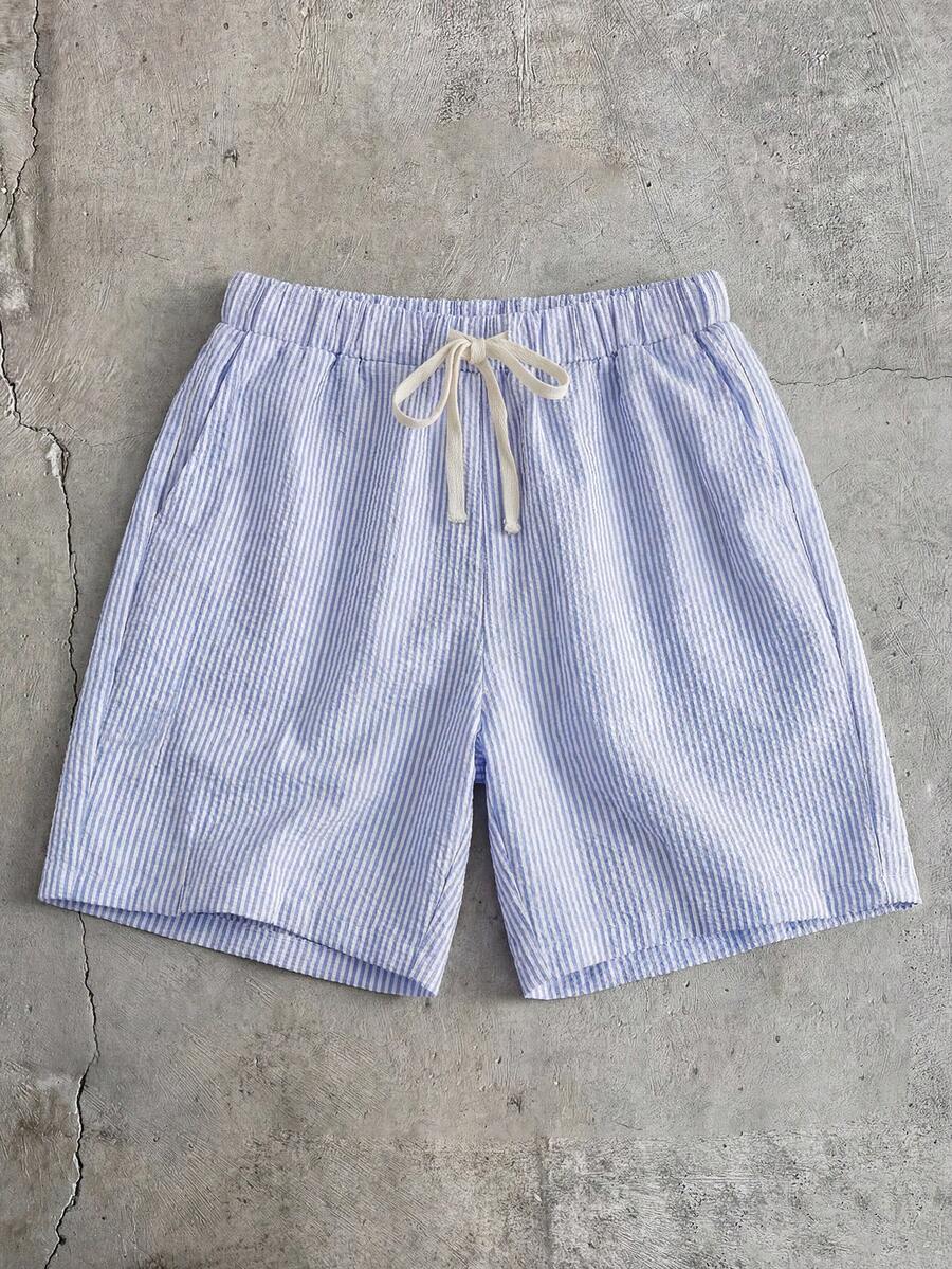 Manfinity BRENVOR 男士抽绳腰休闲梭织条纹夏季短裤 - 黑色 - 查看 1