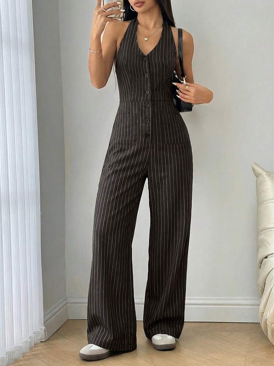 Flirla Women's Summer Casual Vacation & Commute Striped Print Backless Tie-Front Wide Leg Jumpsuit - Rust Brown - View 1