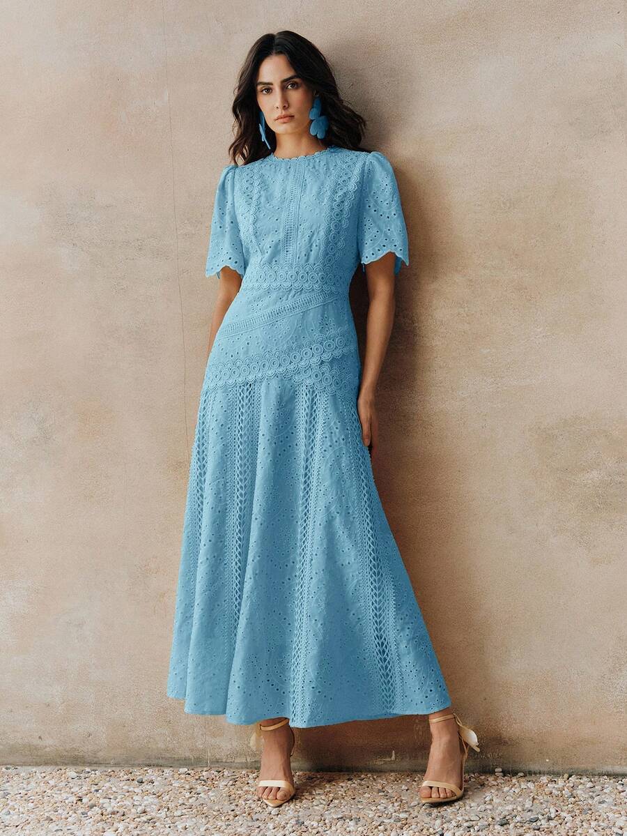 优雅花卉饰边圆领收腰短袖连衣裙（女款） - 藍色 - 查看 1