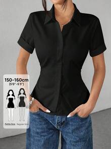 SHEIN PETITE 白色女式衬衫腰部收褶短袖衬衫 - 黑色 - 查看 9