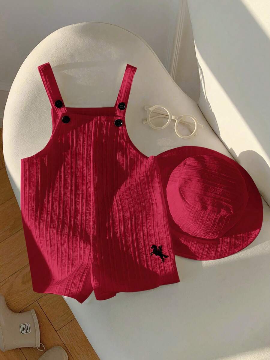SHEIN 男女宝宝通用白色休闲连体衣套装,包含围兜裤和遮阳帽,适合春夏季居家或户外穿着 - 紅色 - 查看 1