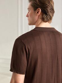 Officeau 男士 Polo 领短袖针织衫，夏季新品，半开襟罗纹套头衫 - 咖啡棕 - 查看 3