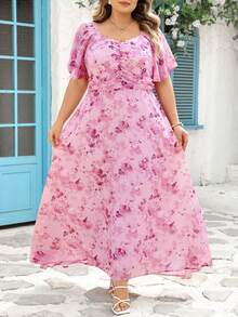 SHEIN CURVE+ 大码女式雪纺蝴蝶印花蝙蝠袖荷叶边甜美法式优雅夏季连衣裙，适合约会、婚礼、派对等场合 - 粉色 - 查看 9