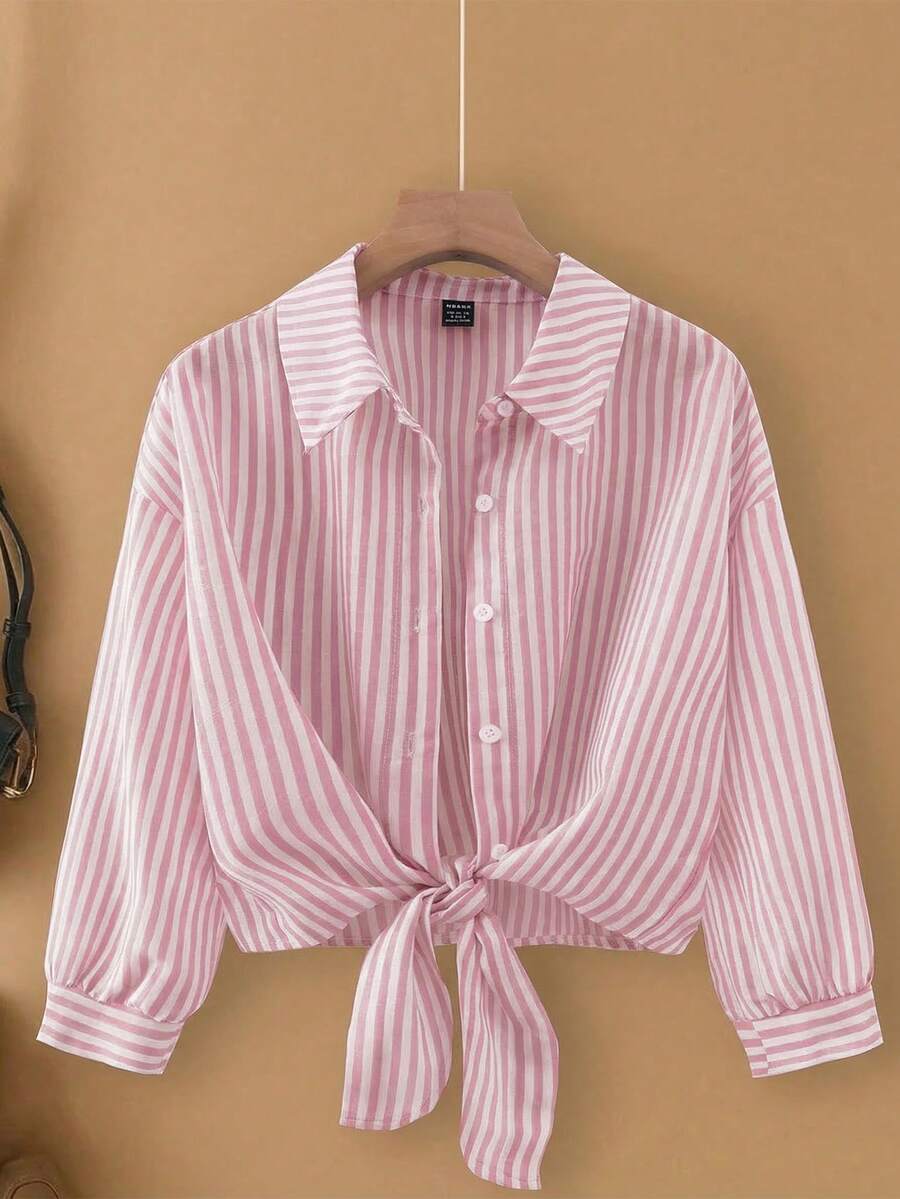 Franclia 法式优雅梭织翻领长袖系带开衫，条纹女式衬衫，秋季新品 - 粉色 - 查看 1