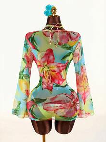 Amplova 3件套女士花卉图案罩衫泳衣套装，性感露背深V领设计，适合度假穿着 - 彩色 - 查看 2