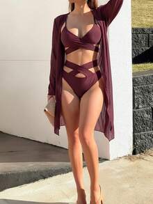 Swim Basics Bộ bikini gợi cảm màu trơn dành cho nữ, kiểu đan chéo, kèm áo khoác kimono, thích hợp cho mùa hè đi biển. - Màu Đỏ Sâu - Xem 7