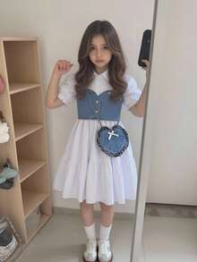Elladie kids Bộ đồ hai mảnh mùa hè thanh lịch dành cho bé gái, gồm áo hai dây lửng bằng denim và váy sơ mi tay ngắn màu trơn, kèm túi hình trái tim tặng kèm, phù hợp cho mặc hàng ngày, đi học, dự tiệc. - trắng - Xem 3