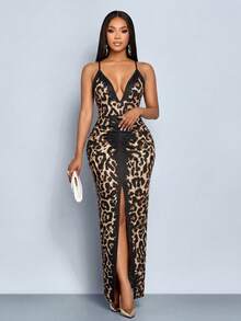 SOLERSUN Vestido largo de verano para mujer: Elegante y casual, estampado de leopardo degradado negro/marrón, tejido elástico de punto, escote en V profundo, sin mangas, tirantes finos, volantes en las caderas, abertura frontal, vestido largo - Marrón - Ver 6