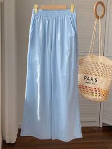 Comfortcana 2026春夏新款女士100%纯棉蓝色拼接蕾丝裤，适合冬季、复活节、派对、海滩、婚礼、毕业典礼等场合，风格优雅、休闲、度假、运动、正式、Y2K、商务，饰有亮片、流苏、荷叶边、花朵、图案等元素，夏季女裤，可爱蕾丝边饰裤，蓝色女裤 - 藍色 - 查看 5