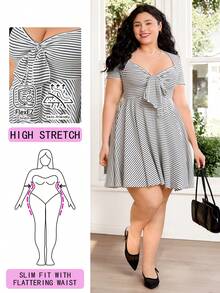Solflare Plus Size Women Striped Knot Design Ruched Casual Vacation Date Dress - Black and White - View 8