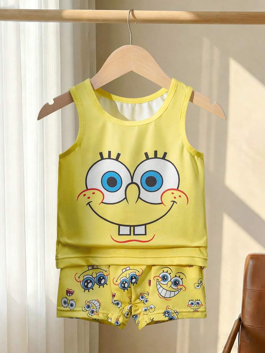 SpongeBob SquarePants | SHEIN Young Boy Cartoon Print Tank Top And Shorts Set - Yellow - View 1