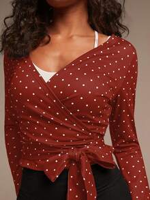 Athîral Áo thun nữ thể thao thường ngày in họa tiết chấm bi kiểu quấn - Đỏ - Xem 2