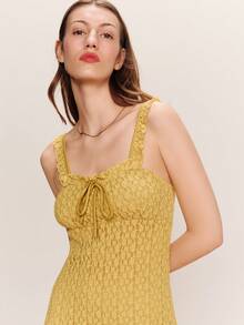 lacRébo Yellow Floral Textured Fitted Midi Dress With Ruffle Neckline And Straps Spring Summer Vacation Dress French Style Dress - Yellow - View 4