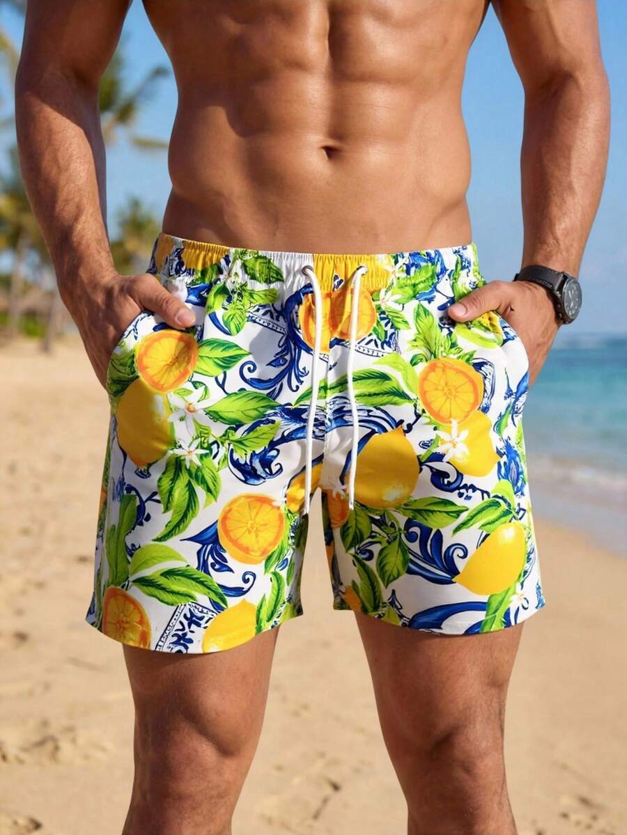 Horizaway 男士柠檬印花抽绳沙滩短裤情侣泳衣套装，适合夏季休闲度假，夏威夷风情男女情侣泳装，男女情侣泳衣，情侣度假装，男女沙滩装，情侣比基尼套装，女士情侣夏季服装 - 彩色 - 查看 1