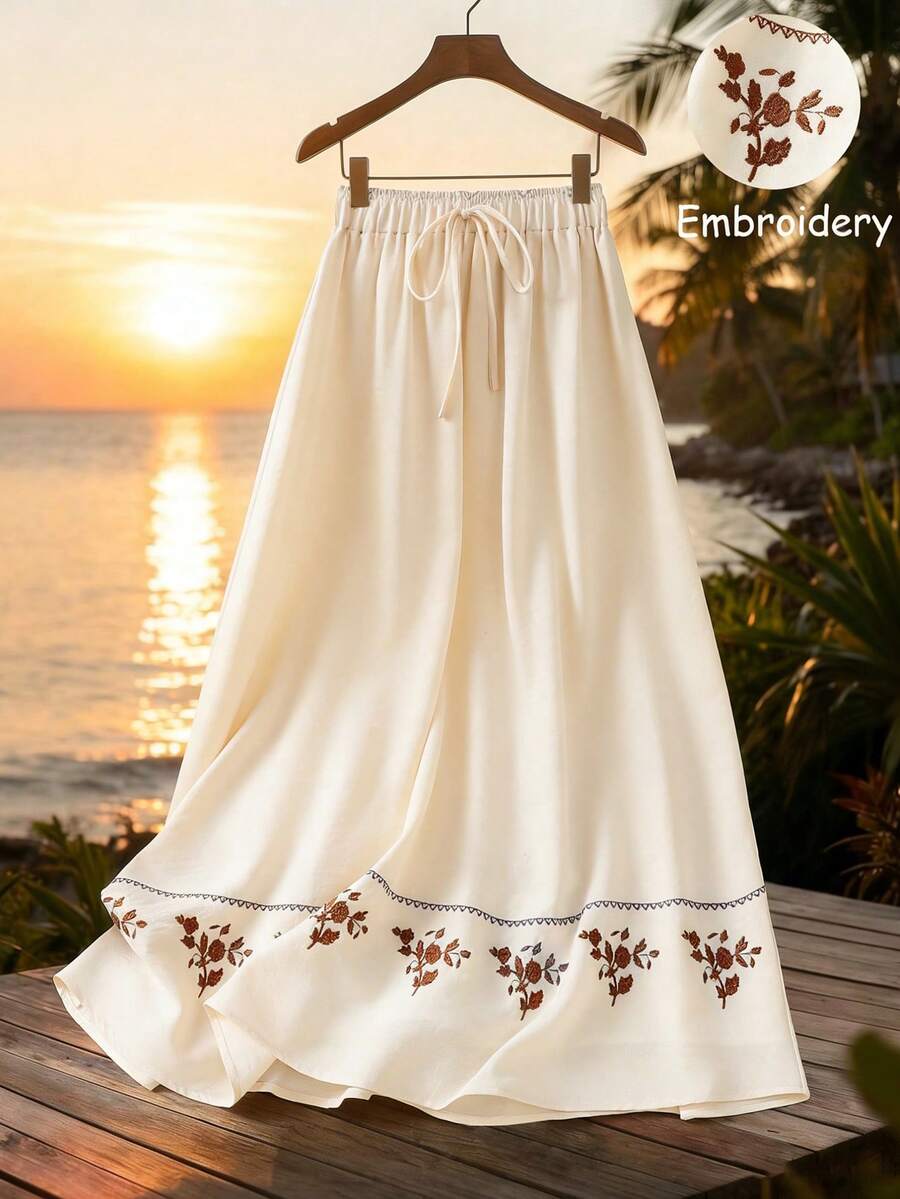 Franclia 2026新款女士刺绣半身裙，时尚刺绣设计，加衬里面料增加遮光性，优雅日常及度假杏色刺绣半身裙，女士假日休闲半身裙，女士碎花半身裙，夏季女士半身裙，女士优雅沙滩装 - 杏色 - 查看 1