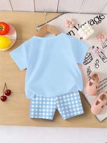 SHEIN 2pcs/Set Young Girl Outfit, Sweet & Cute Strawberry, Bow, Floral Print Short Sleeve T-Shirt And Blue & White Plaid Print Shorts Set, Suitable For Summer Outings - Multicolor - View 2