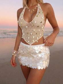 Sundraya Damen sexy rückenfreies Top mit Muschelsequin-Dekor, gehäkelter Neckholder für Urlaub und Strand - Aprikosenfarben - Übersicht 2