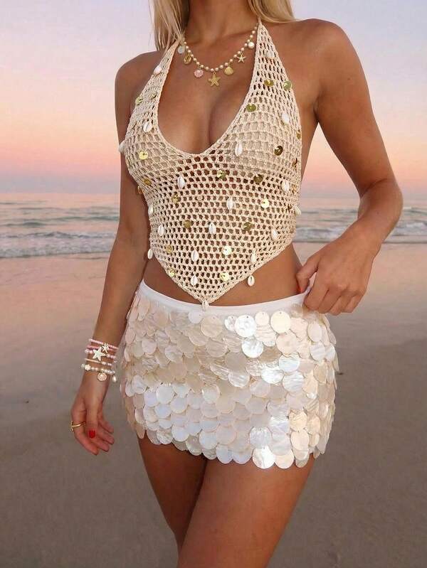 Sundraya Top de vacaciones para la playa con cuello de halter, decorado con conchas y lentejuelas, con espalda descubierta, para mujer