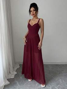 SHEIN Elenzya Mono elegante y romántico sin mangas con cintura fruncida para mujeres - Burdeos - Ver 4