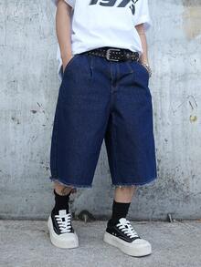 Manfinity Roughcore Men's Solid Color Minimalist Denim Wide Leg Shorts - Dark Wash - View 3