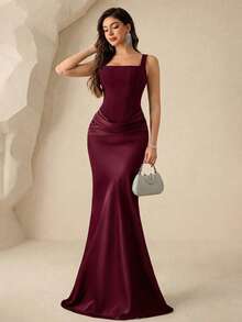 Coutiva 女士纯色方领无袖高端晚礼服，优雅奢华派对礼服 - 酒紅色 - 查看 4